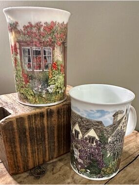 Dunoon England Bone China Cottage Mugs Set of 2 Floral Manor Houses and Doorways